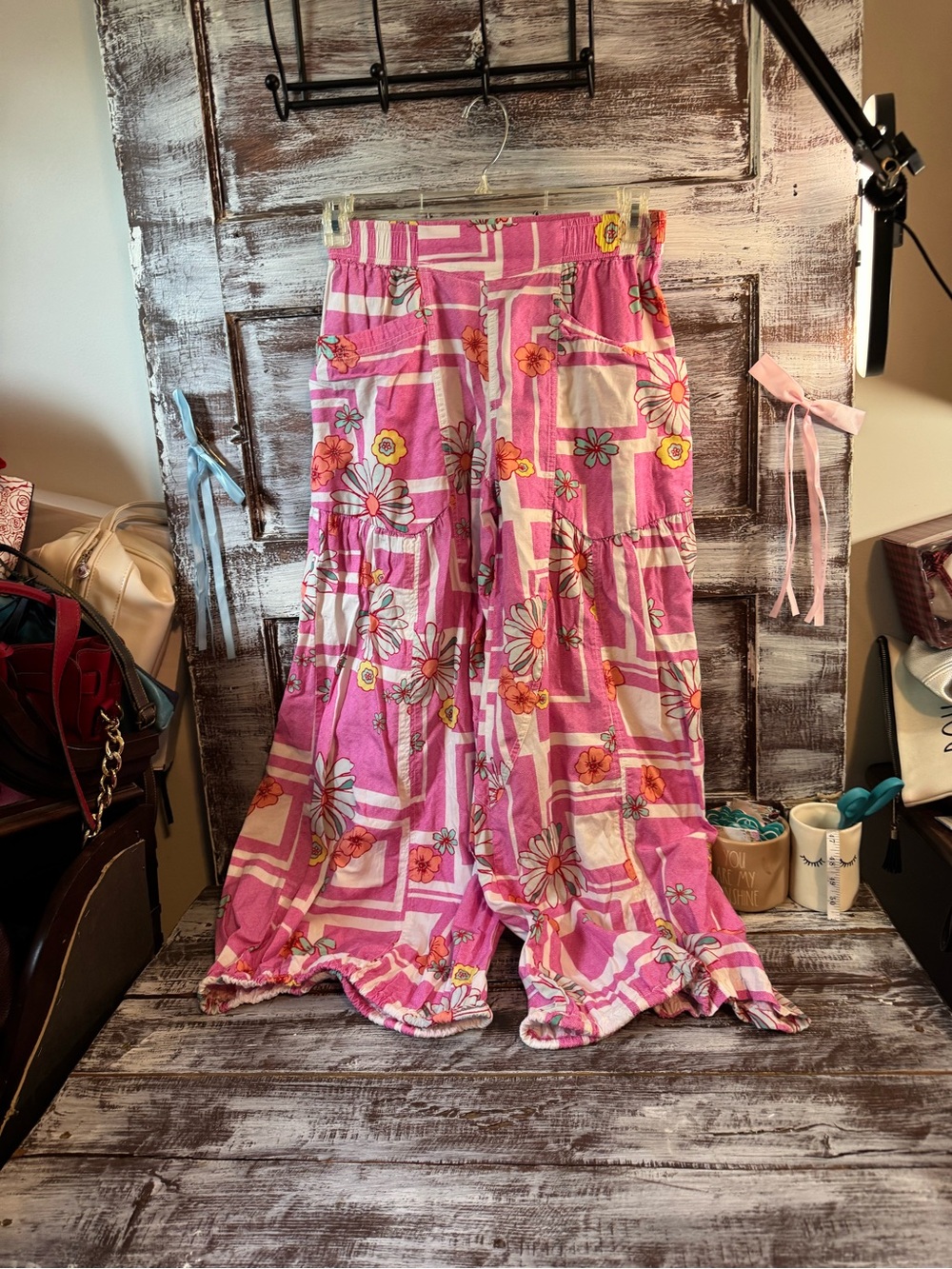 Free People Pink Floral Wide-Leg Pants with Floral Accents